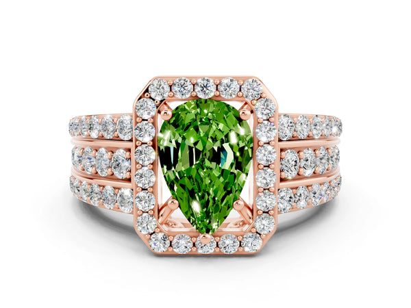 Rose gold Pear Cut Halo Peridot Ring with Round  Split Shank and Prong Setting