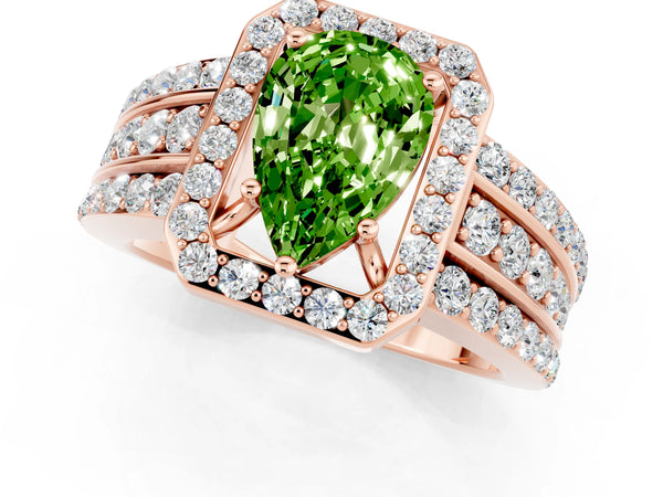 Rose gold Pear Cut Halo Peridot Ring with Round  Split Shank and Prong Setting