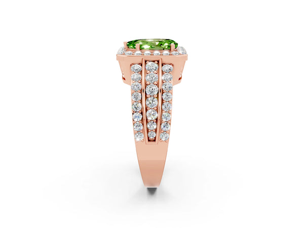 Rose gold Pear Cut Halo Peridot Ring with Round  Split Shank and Prong Setting