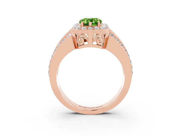 Rose gold Pear Cut Halo Peridot Ring with Round  Split Shank and Prong Setting