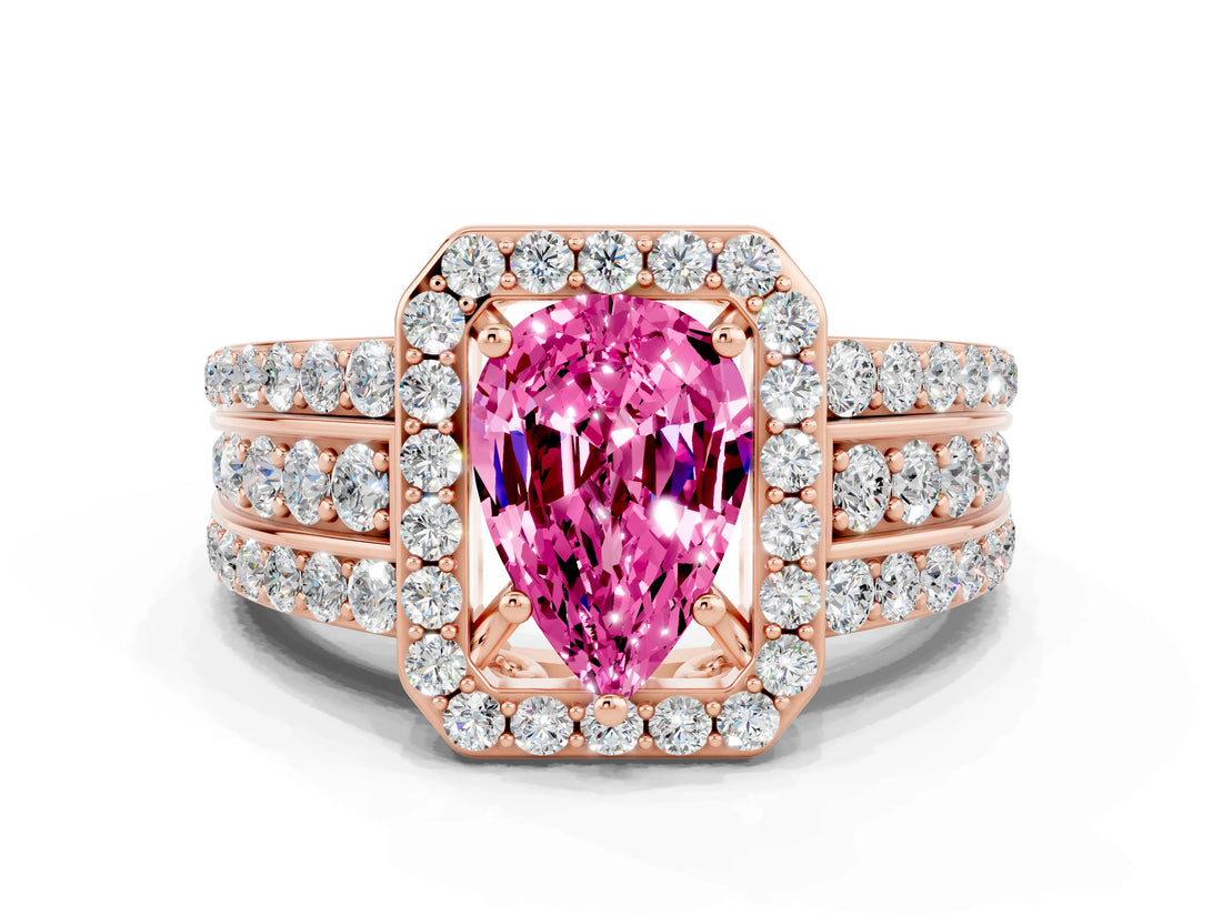 Rose gold Pear Cut Halo Pink Sapphire Ring with Split Shank and Four-Prong Setting_24