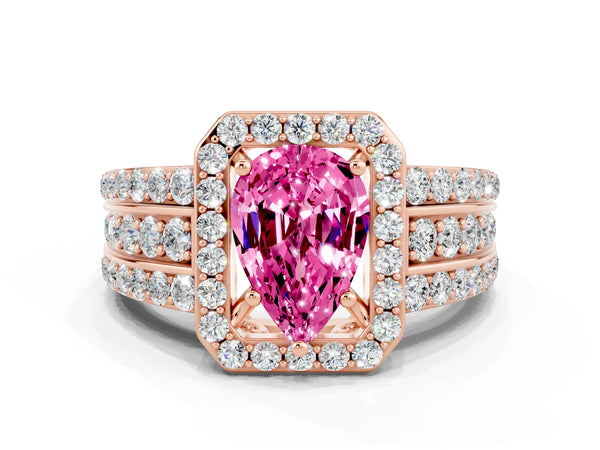 Rose gold Pear Cut Halo Pink Sapphire Ring with Round  Split Shank and Prong Setting