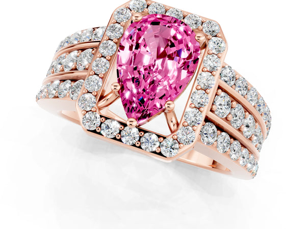 Rose gold Pear Cut Halo Pink Sapphire Ring with Round  Split Shank and Prong Setting