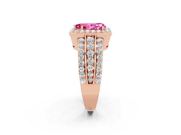 Rose gold Pear Cut Halo Pink Sapphire Ring with Round  Split Shank and Prong Setting