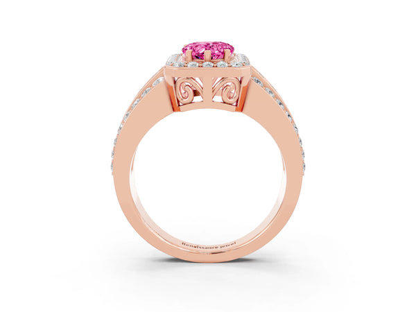 Rose gold Pear Cut Halo Pink Sapphire Ring with Round  Split Shank and Prong Setting