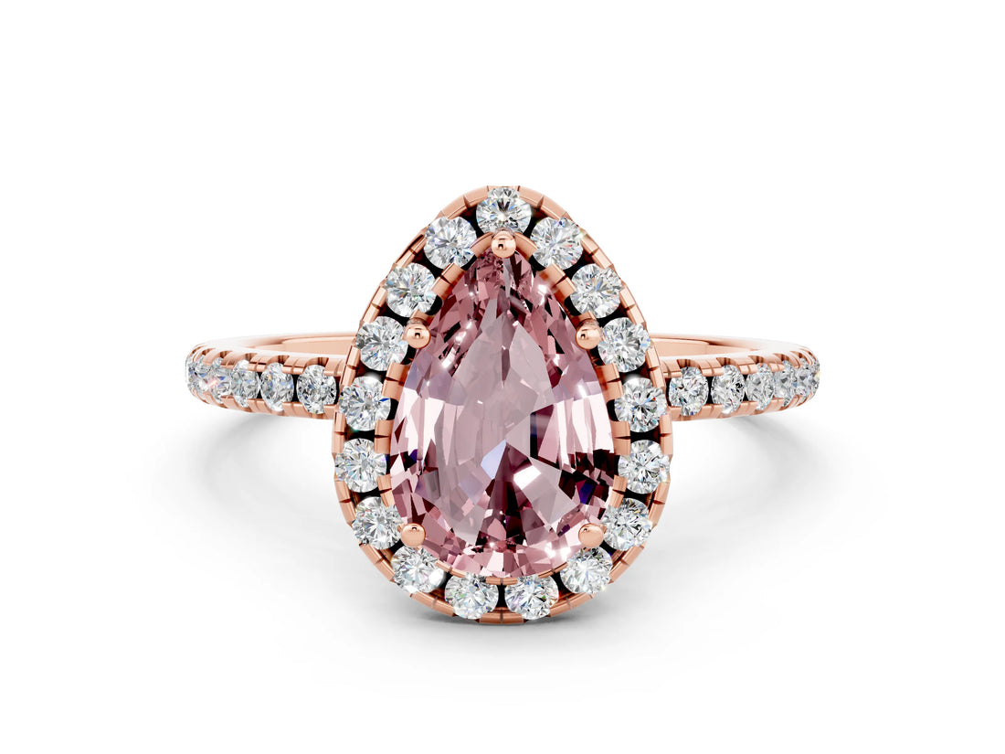 Rose gold Pear Cut Halo Round Diamond Pavé Band Four-Prong Ring