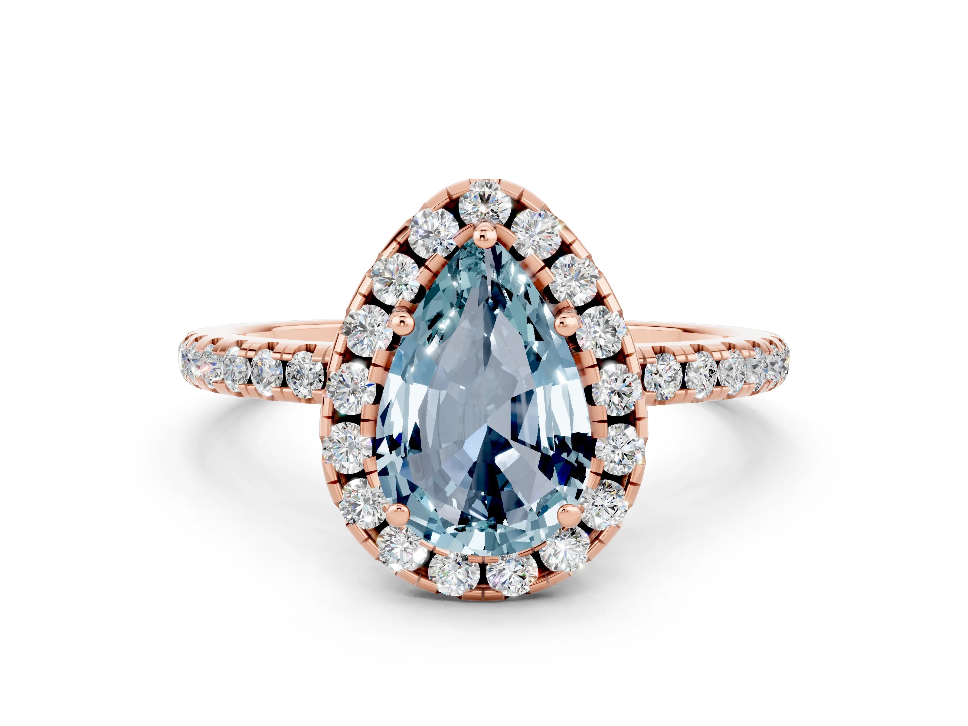 Rose gold Pear Cut Halo Round Diamond Pavé Band Four-Prong Ring_12