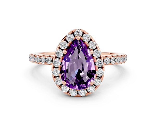 Rose gold Pear Cut Amethyst Halo Ring with Round Pavé Band and Prong Setting