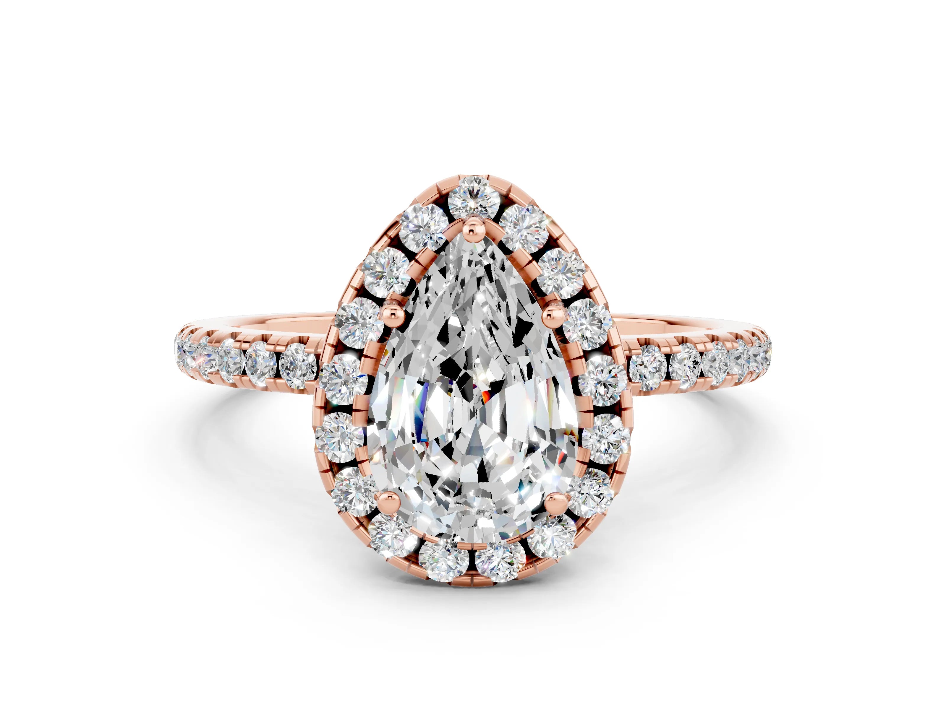 Rose gold Pear Cut Halo Round Diamond Pavé Band Four-Prong Ring_12