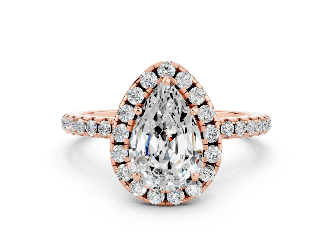 Rose gold Pear Cut Halo Round Diamond Pavé Band Four-Prong Ring_12