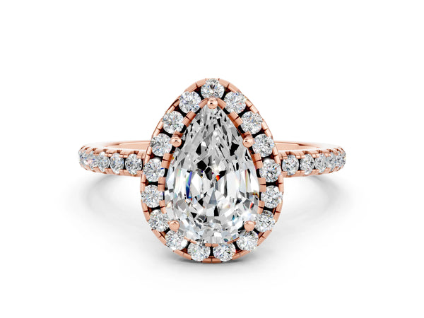 Rose gold Pear Cut Moissanite Halo Ring with Round Pavé Band and Prong Setting
