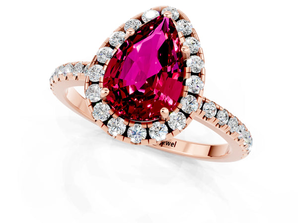 Rose gold Pear Cut Garnet Halo Ring with Round Pavé Band and Prong Setting