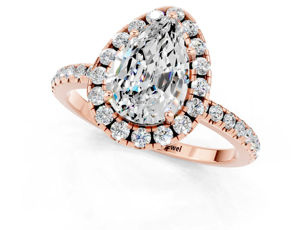 Rose gold Pear Cut Moissanite Halo Ring with Round Pavé Band and Prong Setting
