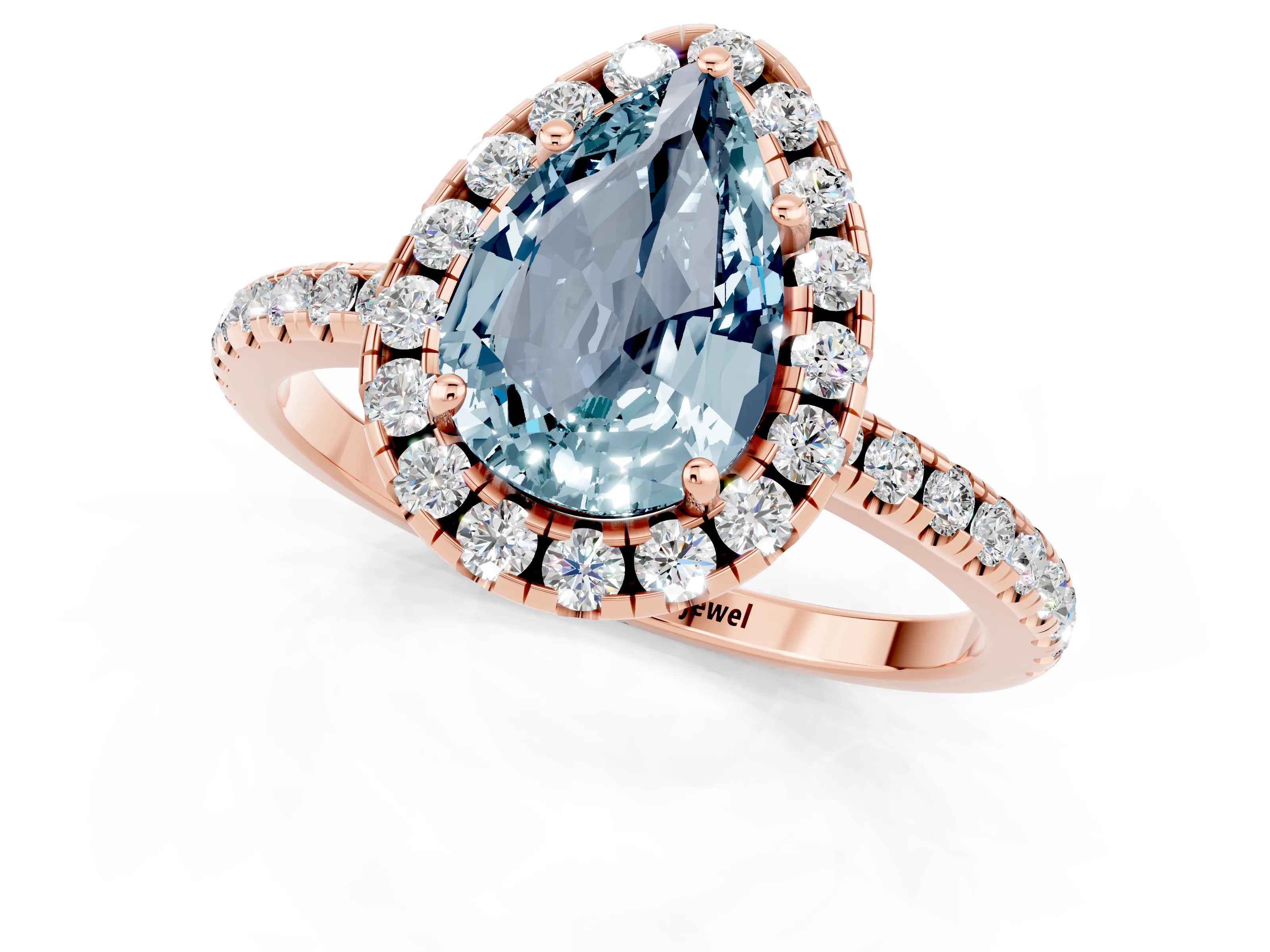 Rose gold Pear Cut Halo Round Diamond Pavé Band Four-Prong Ring_13