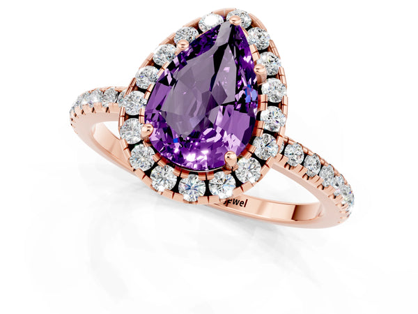 Rose gold Pear Cut Amethyst Halo Ring with Round Pavé Band and Prong Setting