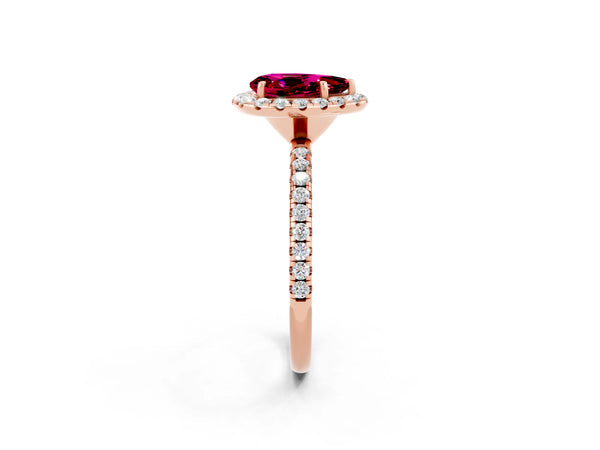 Rose gold Pear Cut Garnet Halo Ring with Round Pavé Band and Prong Setting