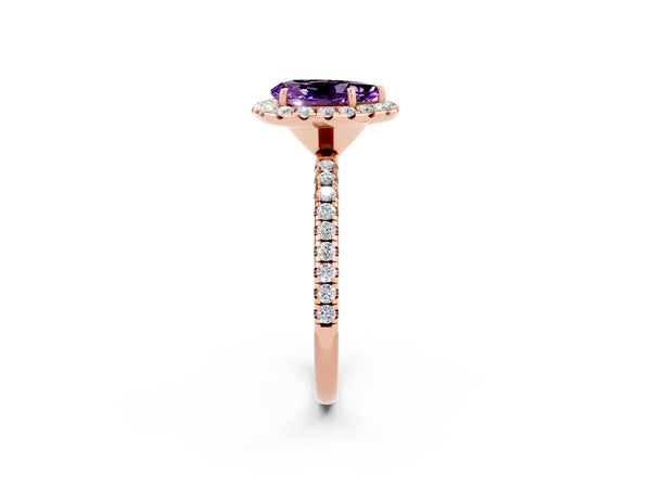 Rose gold Pear Cut Amethyst Halo Ring with Round Pavé Band and Prong Setting