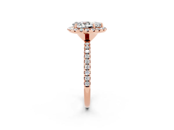 Rose gold Pear Cut Moissanite Halo Ring with Round Pavé Band and Prong Setting
