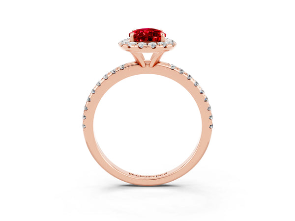 Rose gold Pear Cut Halo Round Diamond Pavé Band Four-Prong Ring