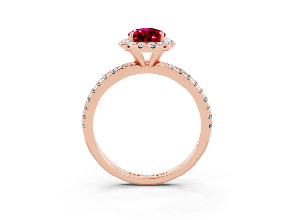 Rose gold Pear Cut Garnet Halo Ring with Round Pavé Band and Prong Setting