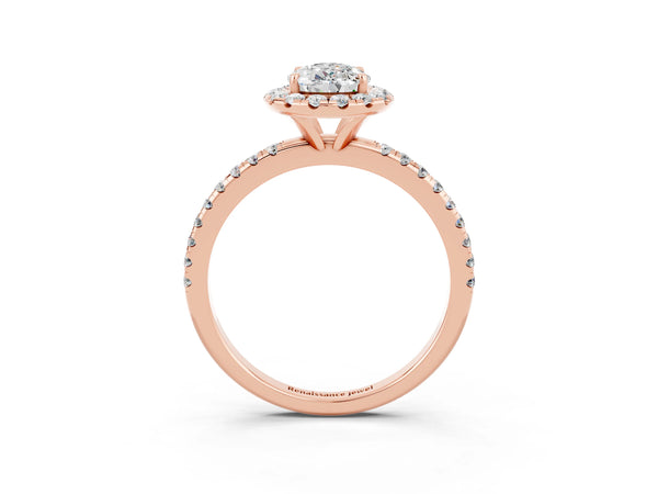 Rose gold Pear Cut Moissanite Halo Ring with Round Pavé Band and Prong Setting