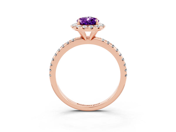 Rose gold Pear Cut Amethyst Halo Ring with Round Pavé Band and Prong Setting