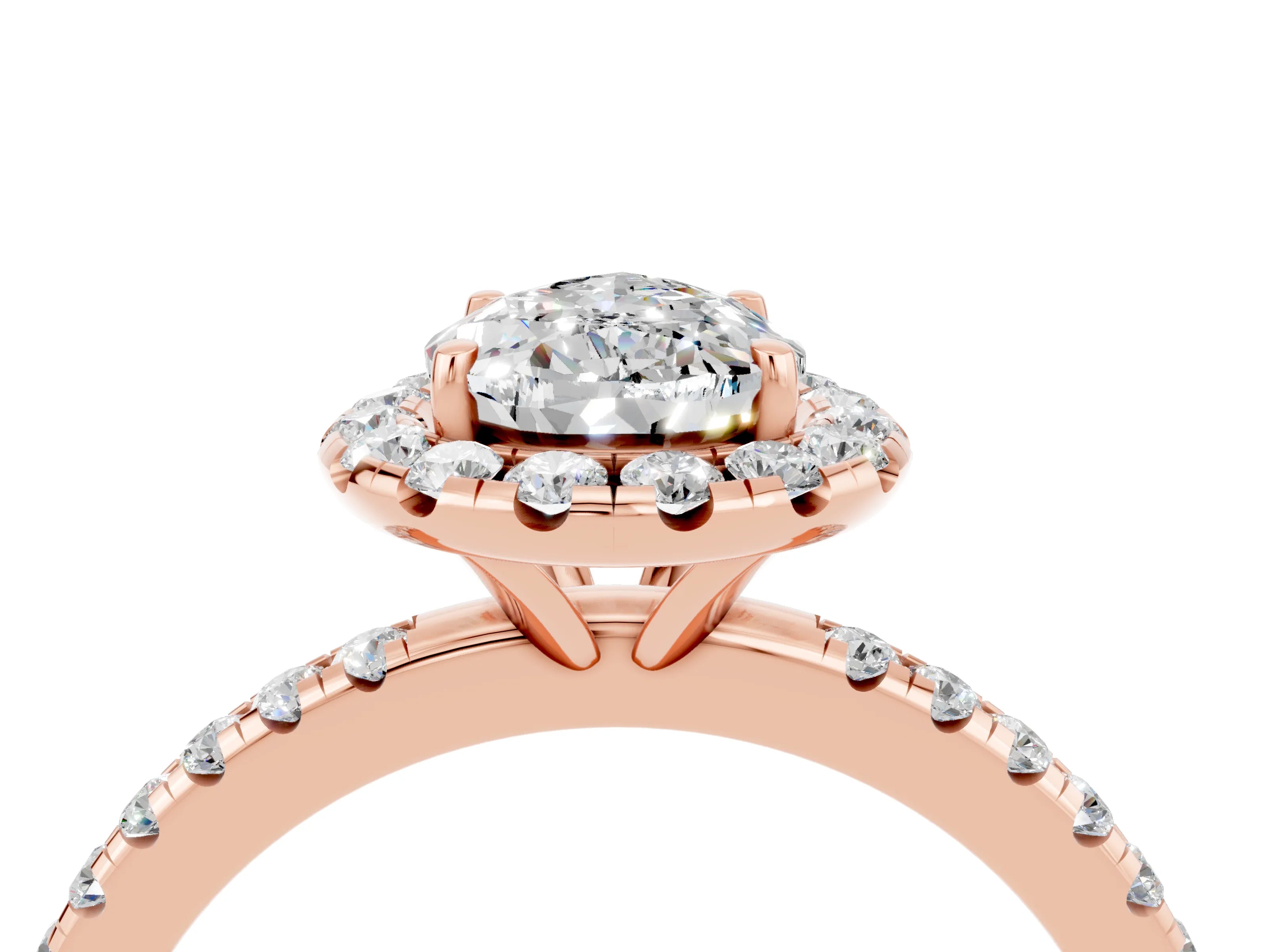 Rose gold Pear Cut Halo Round Diamond Pavé Band Four-Prong Ring_16