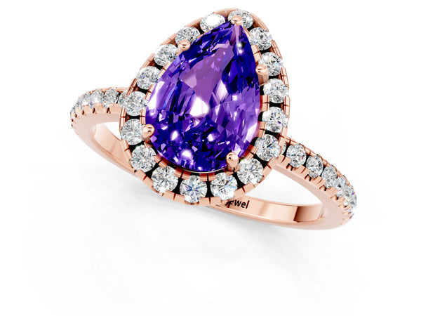 Rose gold Pear Cut Tanzanite Halo Ring with Round Pavé Band and Prong Setting