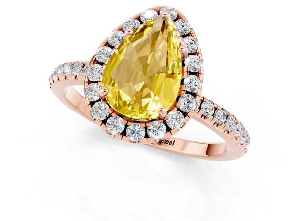 Rose gold Pear Cut Yellow Sapphire Halo Ring with Round Pavé Band and Prong Setting