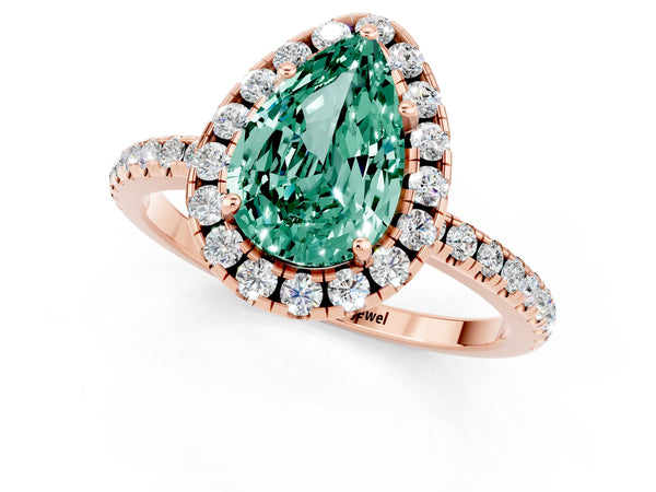 Rose gold Pear Cut Green Sapphire Halo Ring with Round Pavé Band and Prong Setting