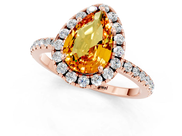 Rose gold Pear Cut Citrine Halo Ring with Round Pavé Band and Prong Setting