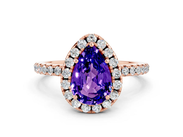 Rose gold Pear Cut Tanzanite Halo Ring with Round Pavé Band and Prong Setting
