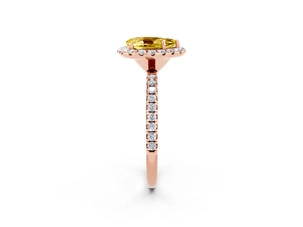 Rose gold Pear Cut Yellow Sapphire Halo Ring with Round Pavé Band and Prong Setting