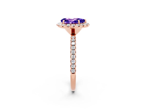 Rose gold Pear Cut Tanzanite Halo Ring with Round Pavé Band and Prong Setting