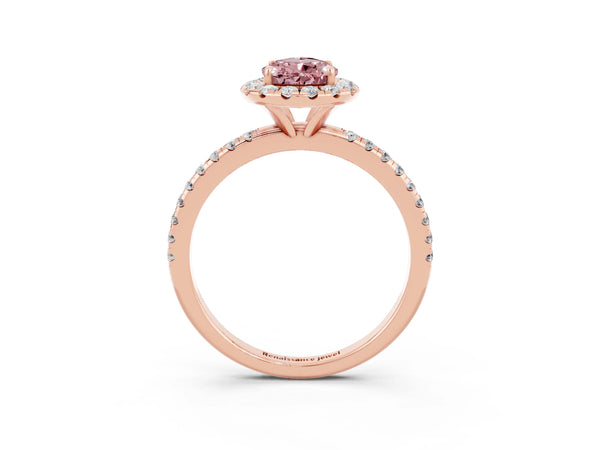 Rose gold Pear Cut Halo Round Diamond Pavé Band Four-Prong Ring