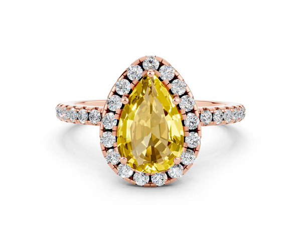 Rose gold Pear Cut Yellow Sapphire Halo Ring with Round Pavé Band and Prong Setting
