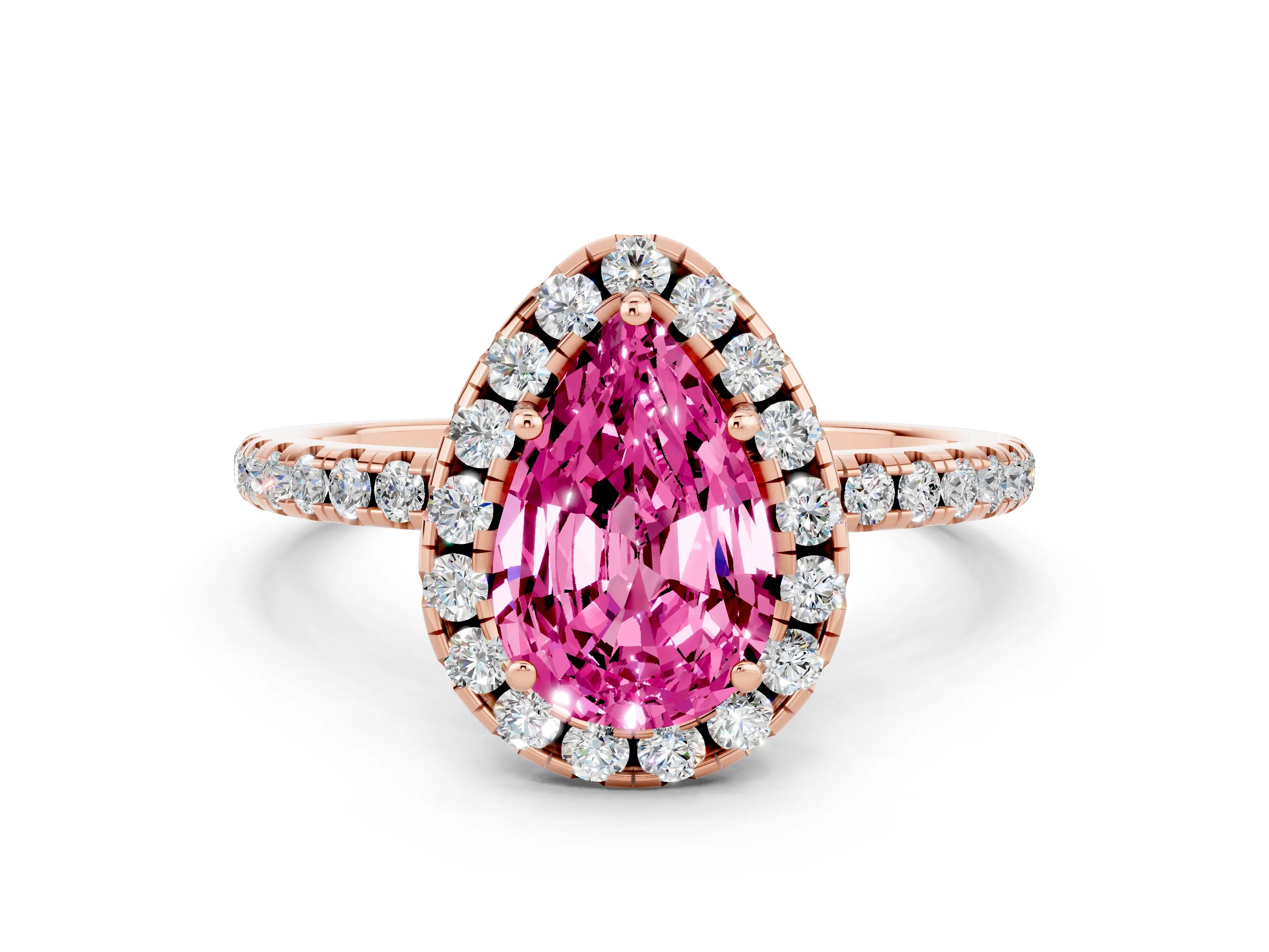 Rose gold Pear Cut Halo Round Diamond Pavé Band Four-Prong Ring