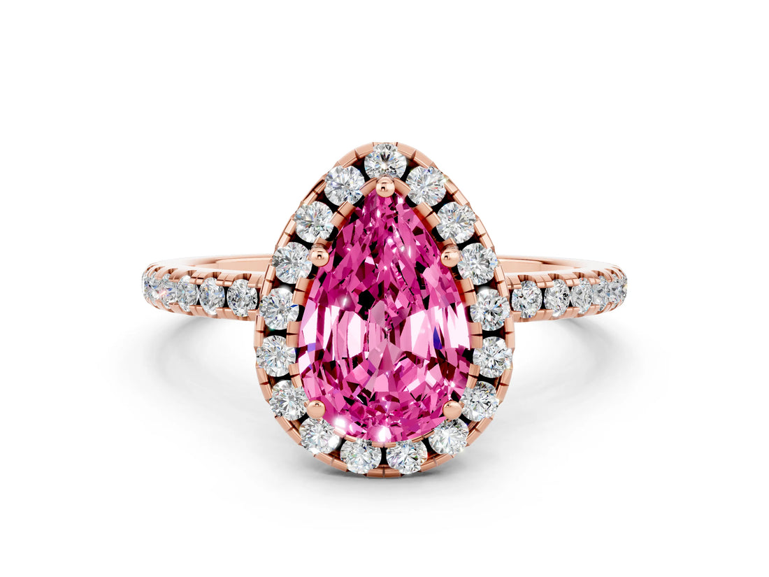 Rose gold Pear Cut Halo Round Diamond Pavé Band Four-Prong Ring
