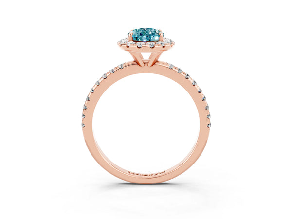 Rose gold Pear Cut Halo Round Diamond Pavé Band Four-Prong Ring