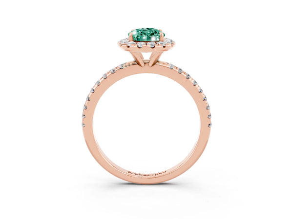 Rose gold Pear Cut Green Sapphire Halo Ring with Round Pavé Band and Prong Setting