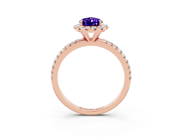 Rose gold Pear Cut Tanzanite Halo Ring with Round Pavé Band and Prong Setting