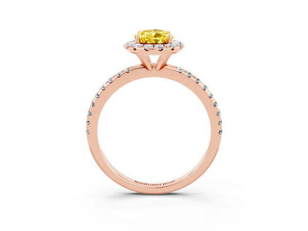 Rose gold Pear Cut Yellow Sapphire Halo Ring with Round Pavé Band and Prong Setting
