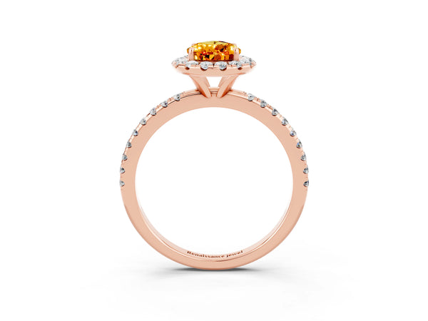 Rose gold Pear Cut Citrine Halo Ring with Round Pavé Band and Prong Setting