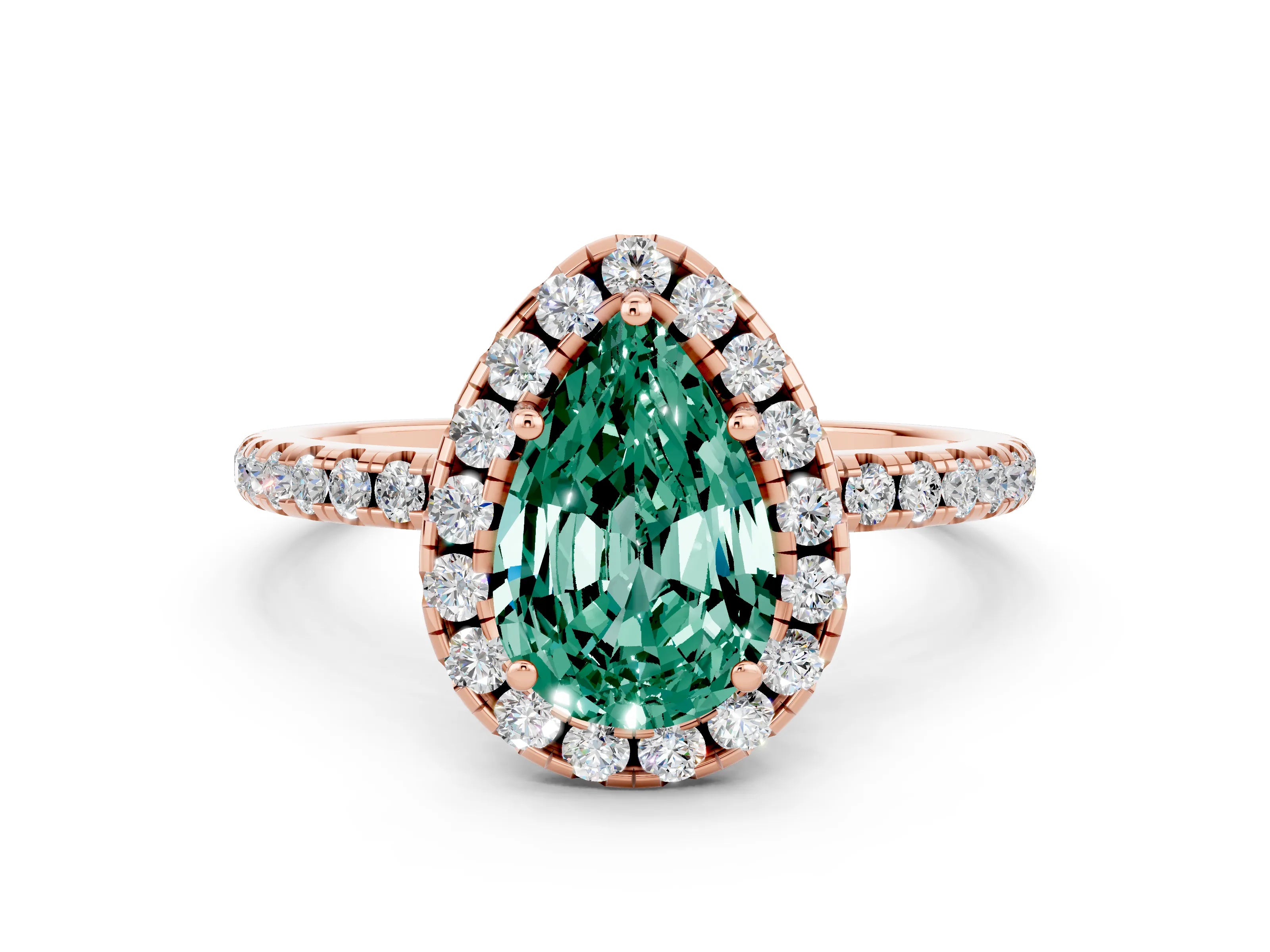 Rose gold Pear Cut Halo Round Diamond Pavé Band Four-Prong Ring