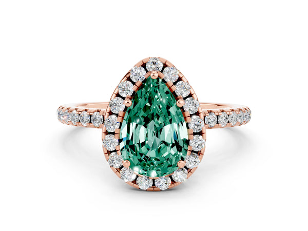 Rose gold Pear Cut Green Sapphire Halo Ring with Round Pavé Band and Prong Setting