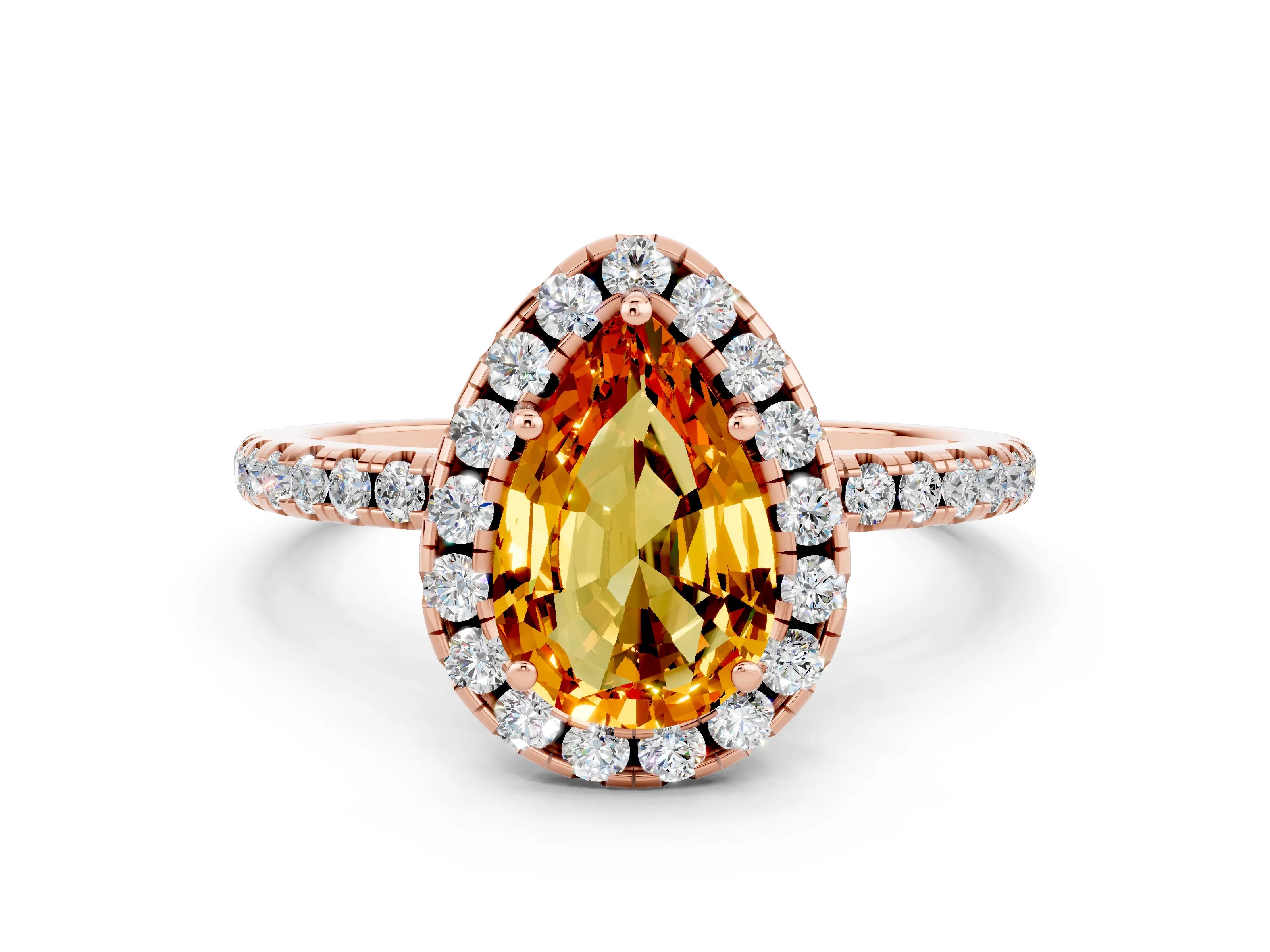 Rose gold Pear Cut Halo Round Diamond Pavé Band Four-Prong Ring