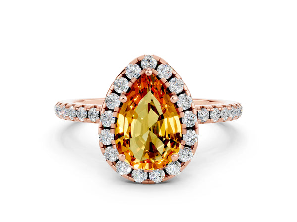 Rose gold Pear Cut Citrine Halo Ring with Round Pavé Band and Prong Setting
