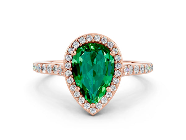 Rose gold Pear Cut Emerald Halo Engagement Ring with Round Pavé Shoulders and Prong Setting