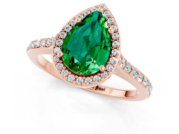 Rose gold Pear Cut Emerald Halo Engagement Ring with Round Pavé Shoulders and Prong Setting