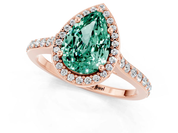 Rose gold Pear Cut Green Sapphire Halo Engagement Ring with Round Pavé Shoulders and Prong Setting